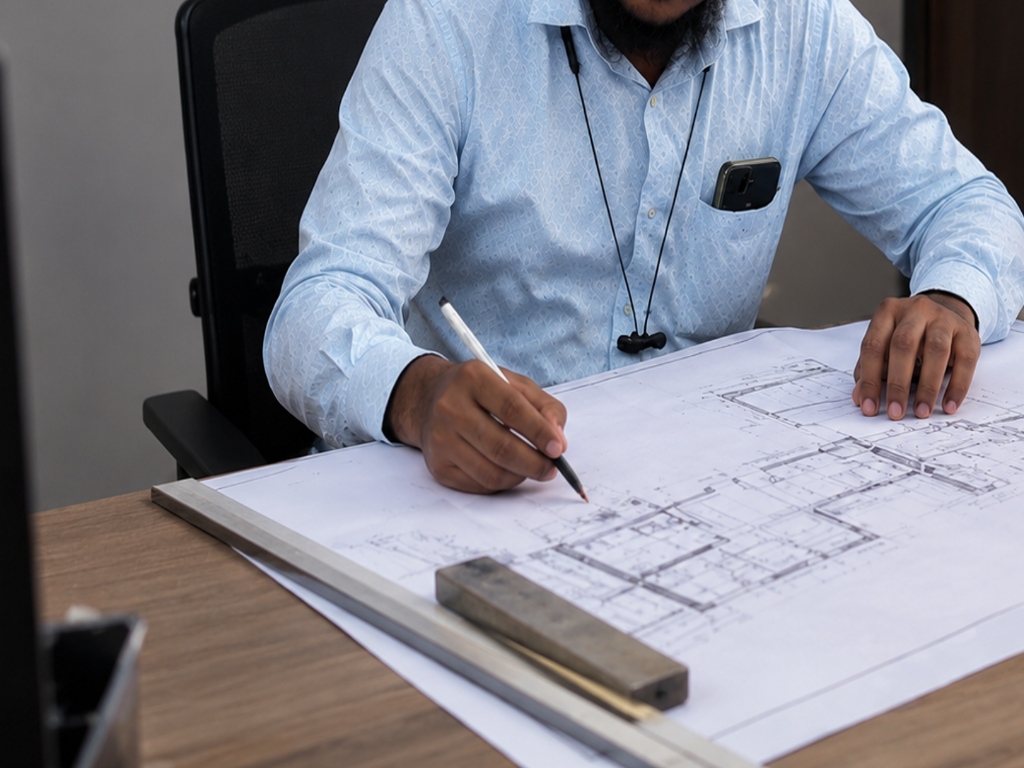 Partner drafting blueprints and estimating structural planning layout