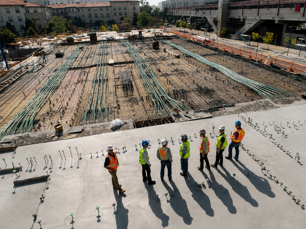 Construction site in Hyderabad with workers and steel framework