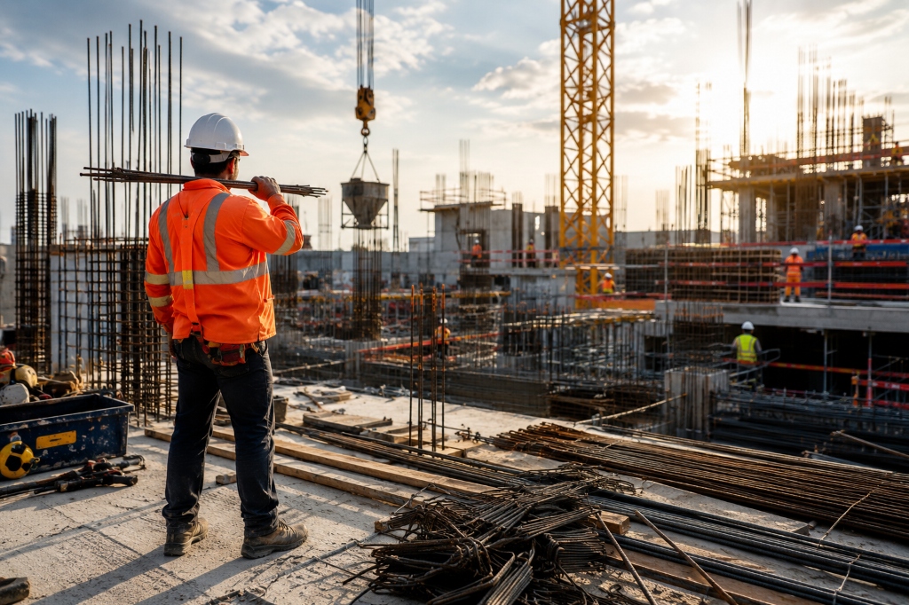 Active construction site with worker carrying steel reinforcement rebar